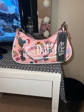 Von Dutch Pink Graphic Chain Shoulder Bag with Silver Hardware